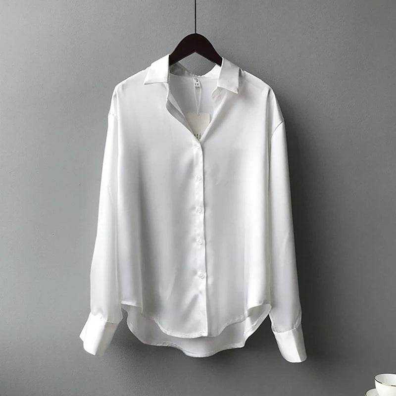 Elegant Satin Loose Fit Women's Shirt – Turn-Down Collar Casual Button Blouse for Spring and Autumn - Stylemein