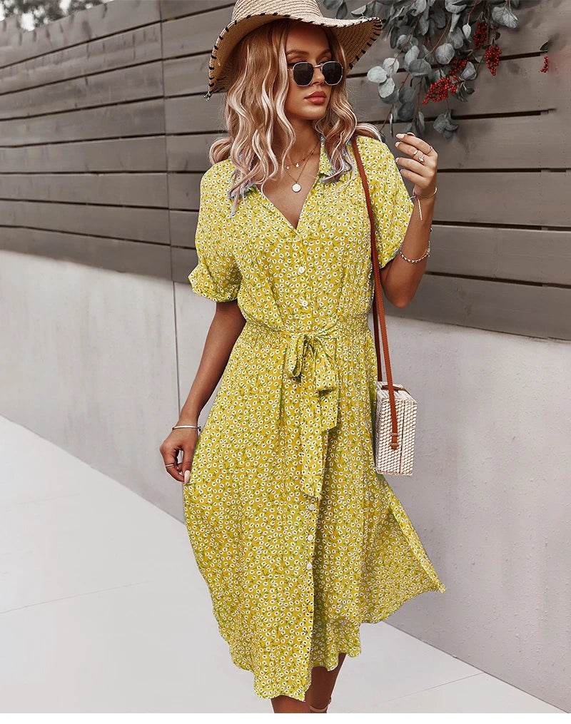 Floral V-Neck Midi Dress – Summer Casual Short Sleeve Dress - Stylemein
