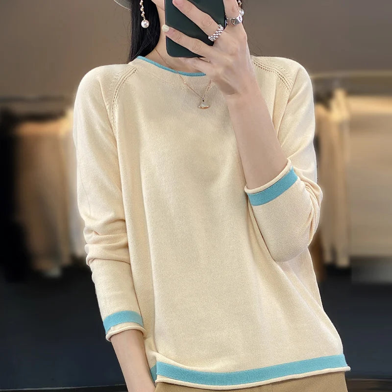 Cotton Knit Sweater – Loose Round Neck Color Block Top