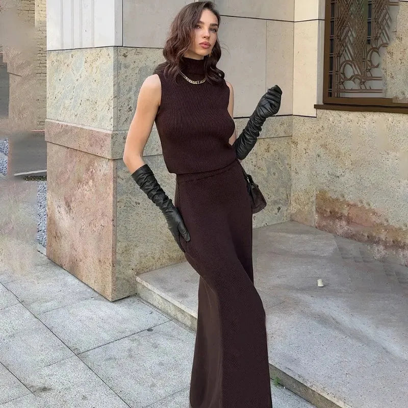 Elegant Knitted Two-Piece Set for Women – Turtleneck Vest & Slim Skirt
