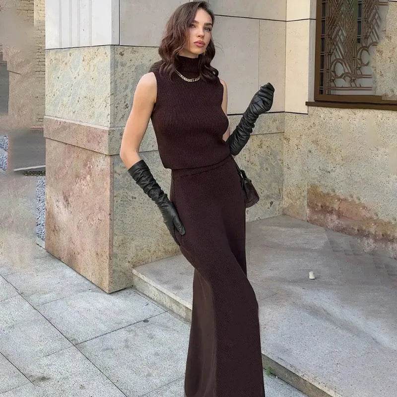 Stylemein - Elegant Knitted Two-Piece Set for Women – Turtleneck Vest & Slim Skirt