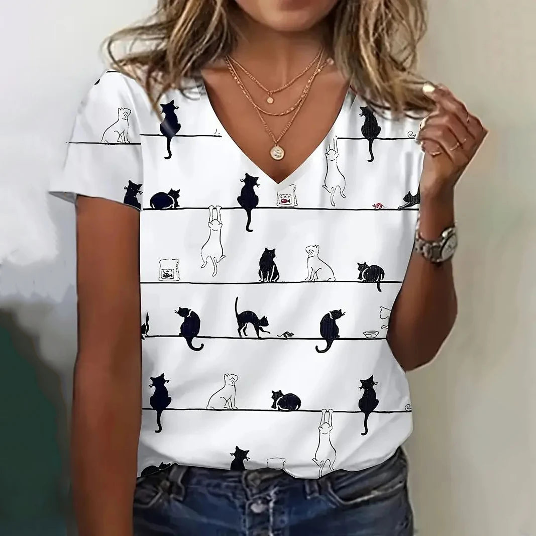 Women’s Oversized Cat Print T-Shirt – Casual Summer Streetwear Top