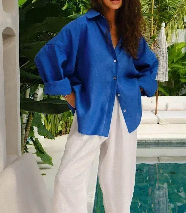 Oversized Cotton Linen Shirt – Women’s Long Sleeve Vintage Blouse - Stylemein