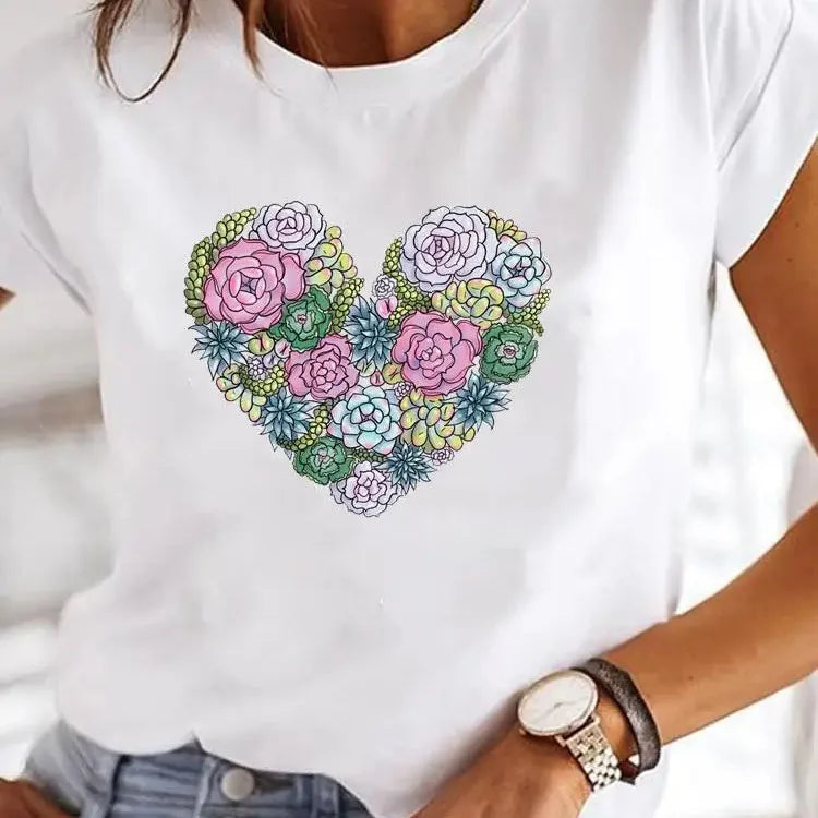 Love Heart Print Summer T-Shirt – O-Neck Y2K 90s Casual Top