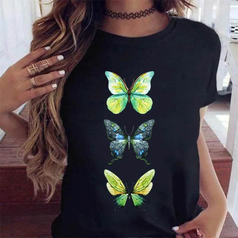Stylemein - Women’s Butterfly Tree Print Harajuku T-Shirt – Black Round Neck Summer Casual Top