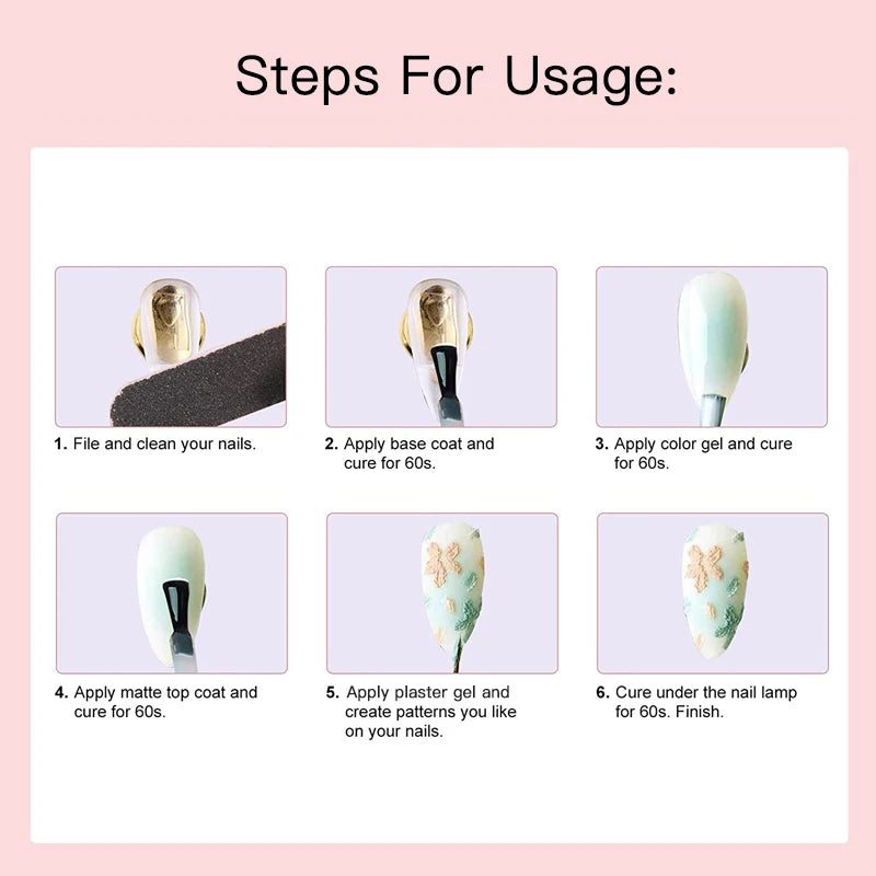 Steps for using nail art gel with images and text on a pink background