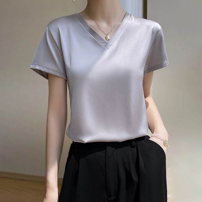 Elegant Satin Silk V-Neck Women's T-Shirt – Short Sleeve Solid Basic Top for Summer - Stylemein