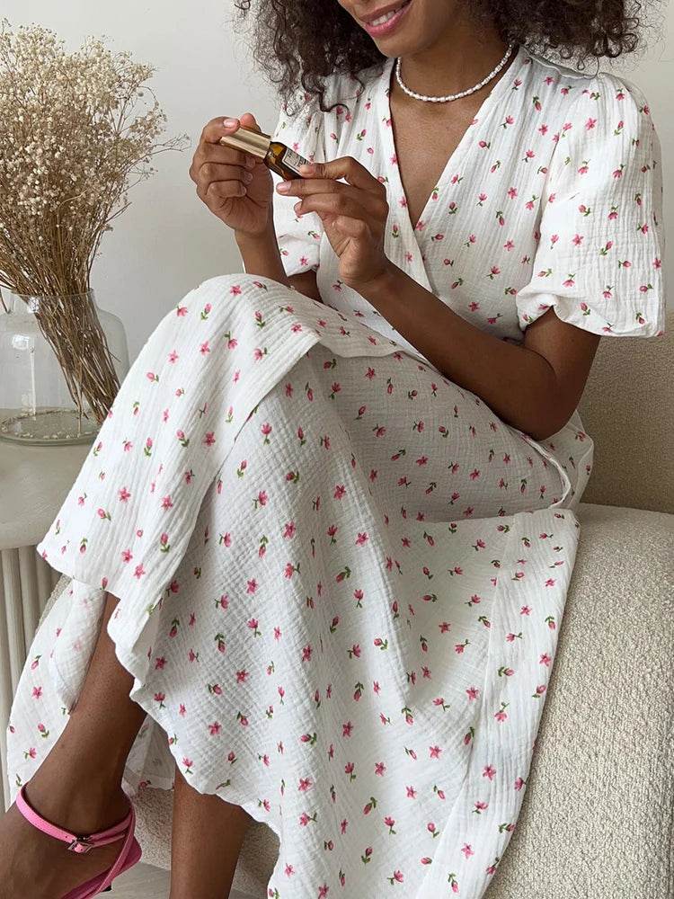 Floral Cotton A-Line Midi Dress – Women’s White Summer Dress with Slits - Stylemein