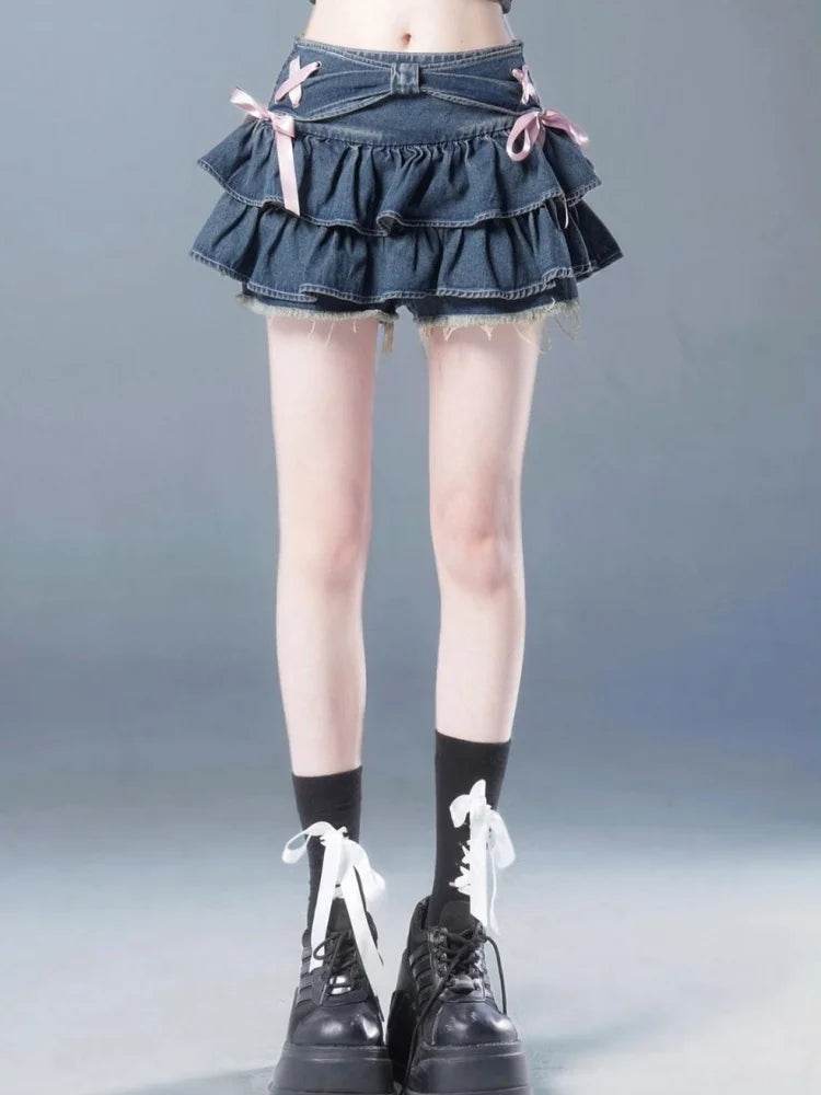 Blue Pleated Denim Mini Skort – A-Line Bow Detail Short Skirt - Stylemein