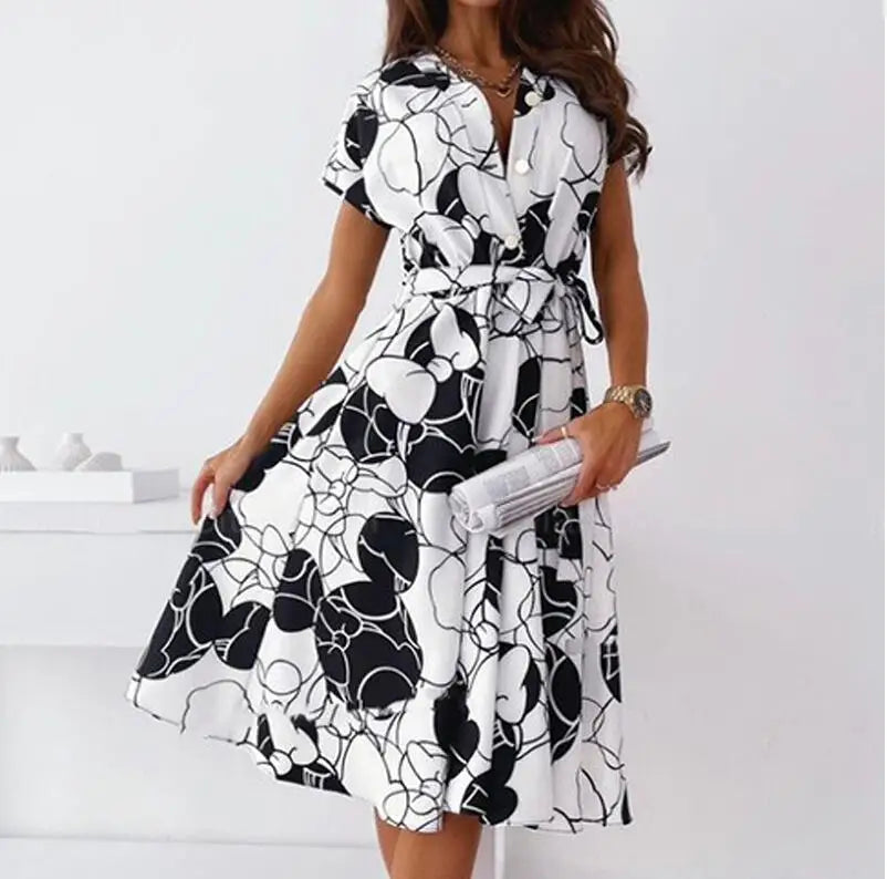 Vintage Pattern A-Line Midi Dress – V-Neck Short Sleeve Belted Summer Party Dress
