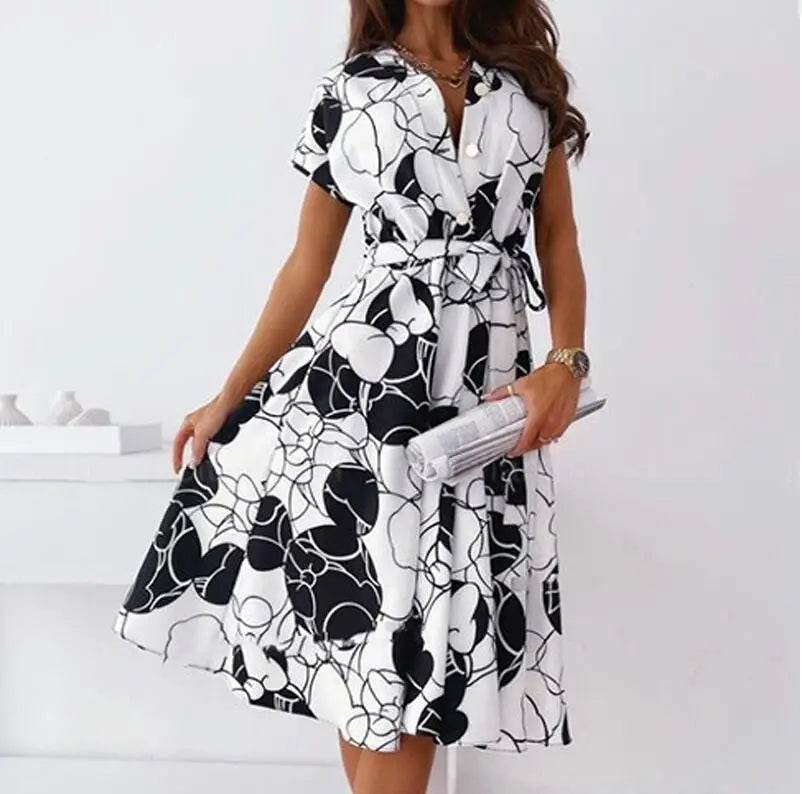 Stylemein - Vintage Pattern A-Line Midi Dress – V-Neck Short Sleeve Belted Summer Party Dress