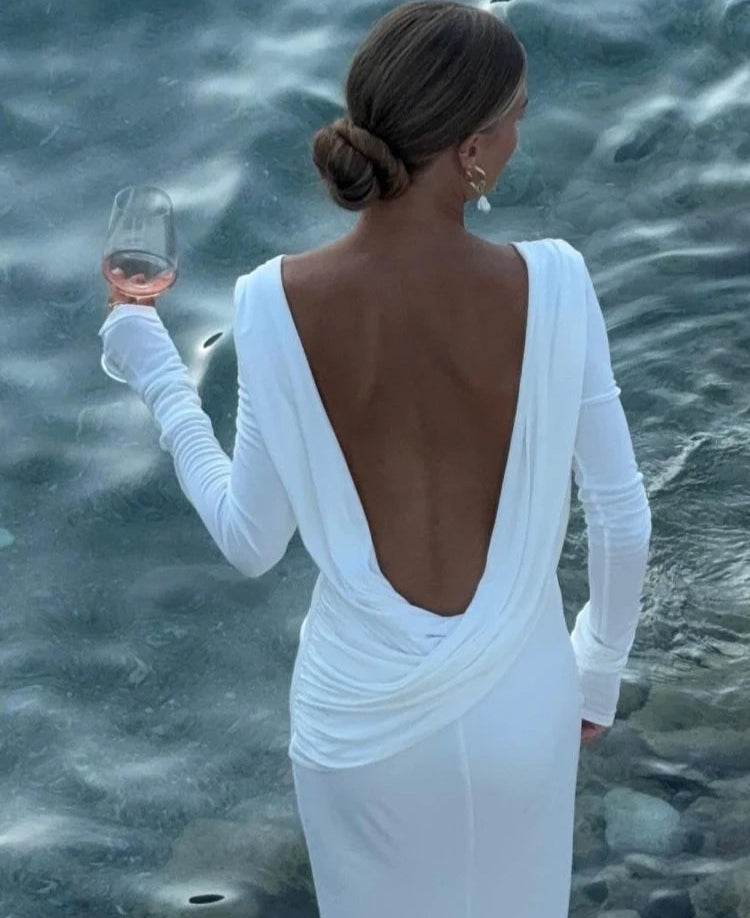 Stylemein - Solid Backless Full Sleeve Maxi Dress – Elegant Sheath Evening Gown for Women