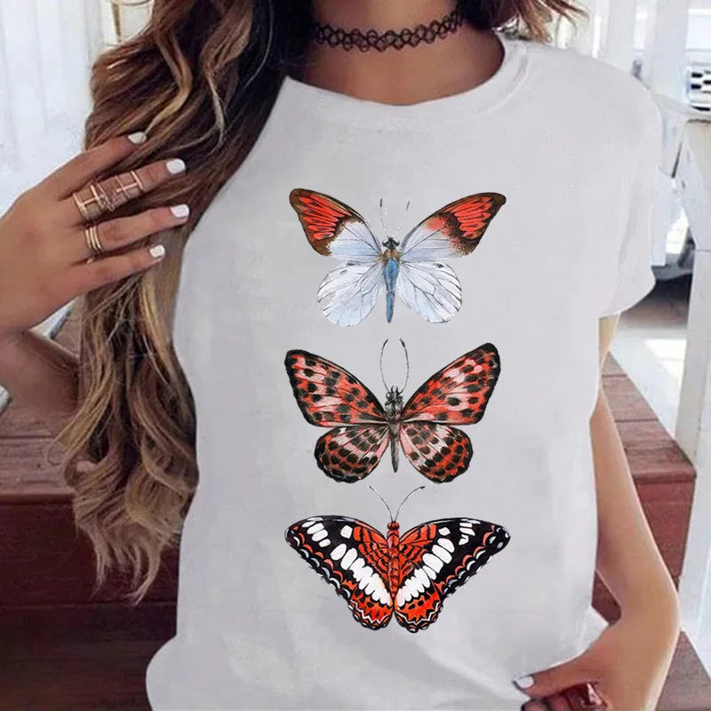 Women’s Butterfly Tree Print Harajuku T-Shirt – Black Round Neck Summer Casual Top