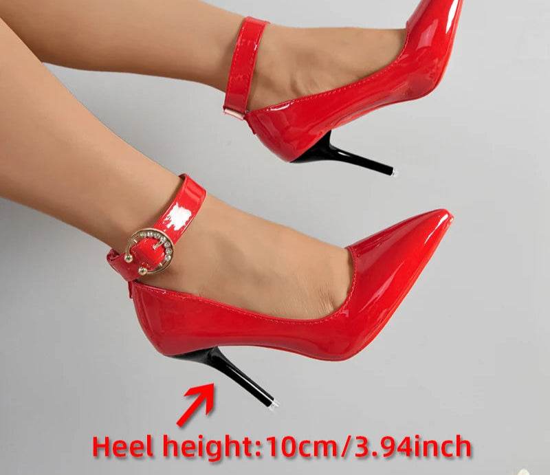 10cm Stiletto Heels – Metal Belt Buckle Rivet Pumps, Red & Black Party Shoes, Size 35–53 - Stylemein