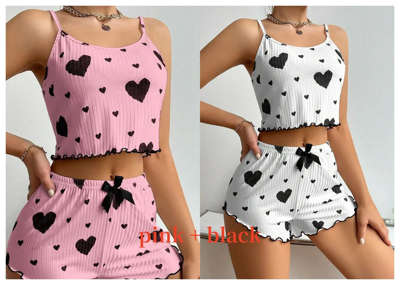 Women’s 2-Piece Pajama Set – White Love Print Tank Top & Shorts Sleepwear