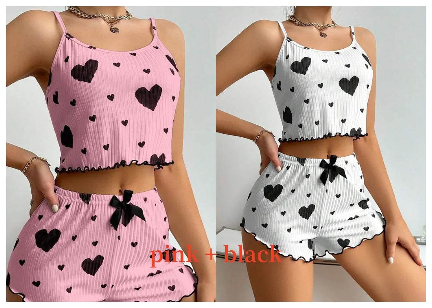 Stylemein - Women’s 2-Piece Pajama Set – White Love Print Tank Top & Shorts Sleepwear