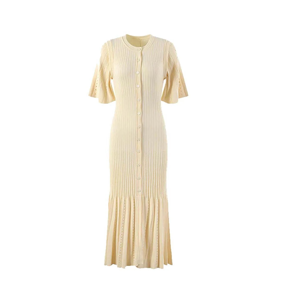 French Elegant Knitted Mermaid Dress – Slim Fit Hollow Design with Fish Tail Hem