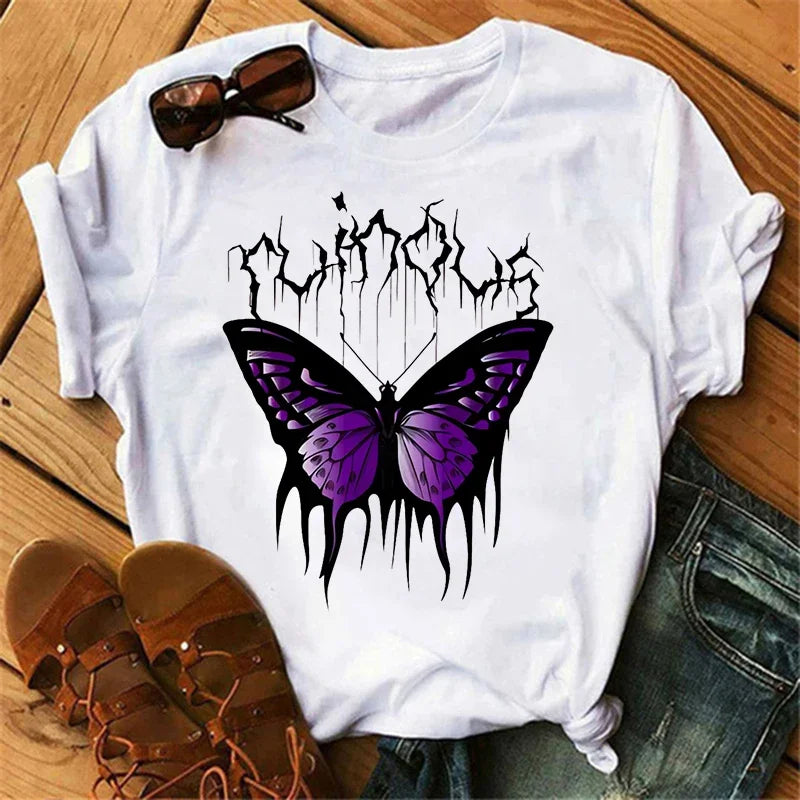 Gothic Butterfly Tree Print Harajuku T-Shirt – Women’s Round Neck Summer Casual Top