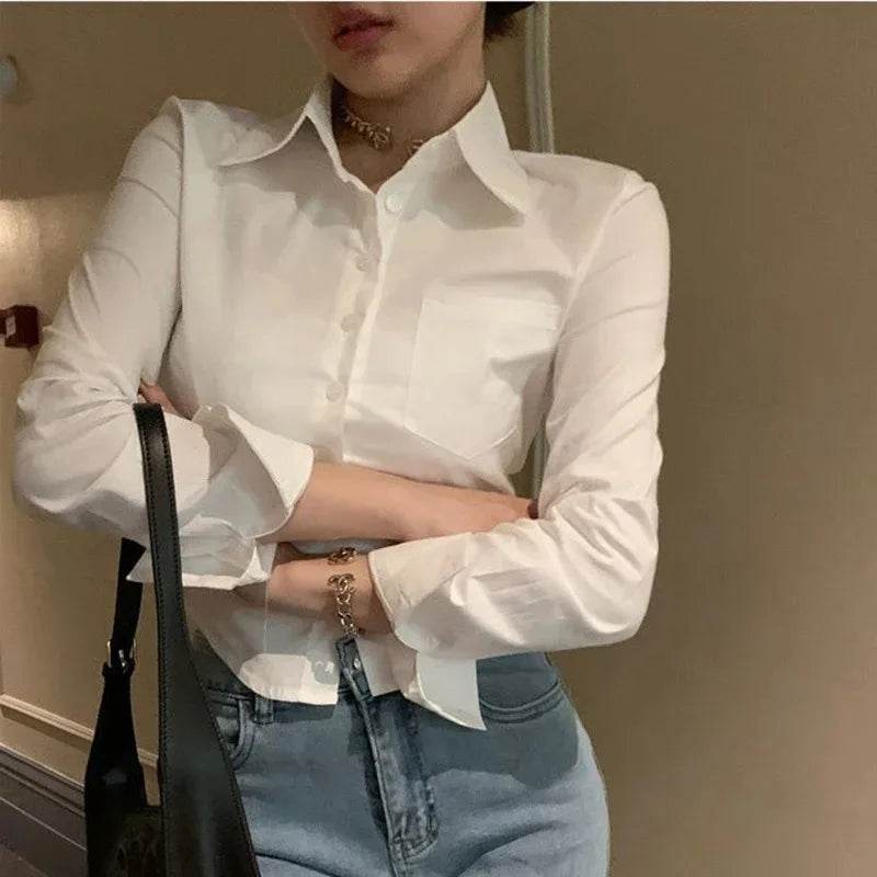 Chic White Button-Down Chiffon Shirt for Women – Long Sleeve Lapel Blouse with Pocket, Cropped Spring Top - Stylemein