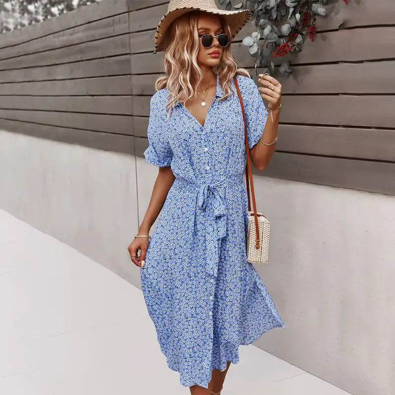 Floral V-Neck Midi Dress – Summer Casual Short Sleeve Dress - Stylemein