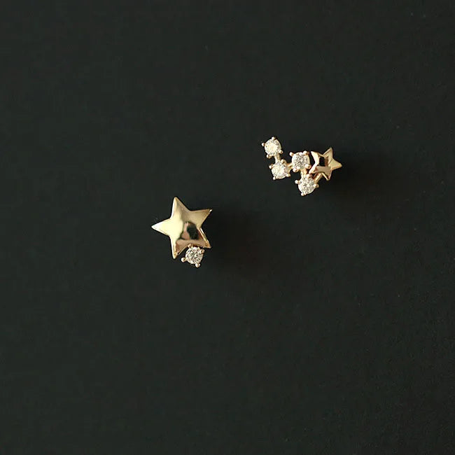 925 Sterling Silver Four-Pointed Star Earrings – 14k Gold Plated Crystal Studs