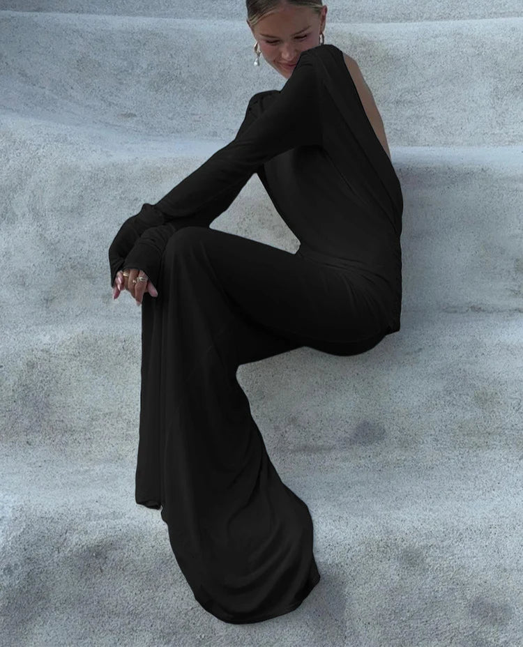 Solid Backless Full Sleeve Maxi Dress – Elegant Sheath Evening Gown for Women