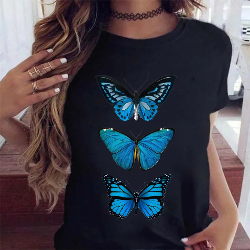 Women’s Butterfly Tree Print Harajuku T-Shirt – Black Round Neck Summer Casual Top