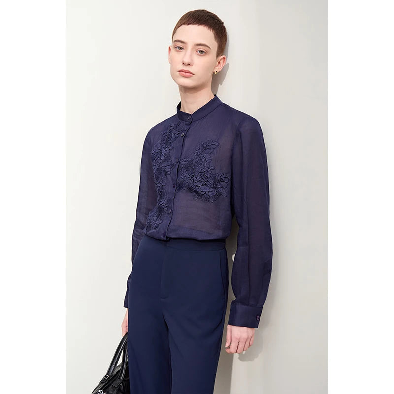 Women’s Stand Collar Shirt – Minimalist Lace Shell Button Autumn Blouse