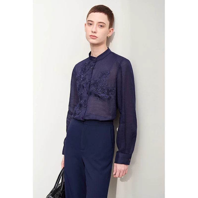 Stylemein - Women’s Stand Collar Shirt – Minimalist Lace Shell Button Autumn Blouse