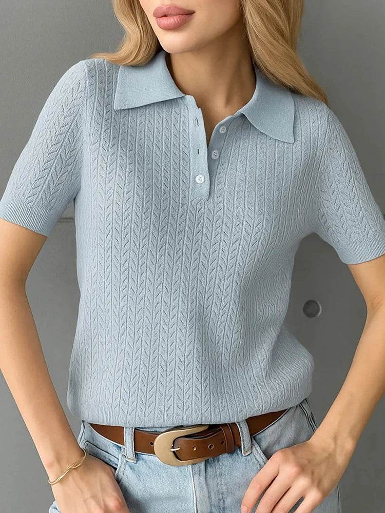 Short Sleeve Knit T-Shirt – Casual Lapel Pullover Top for Women - Stylemein