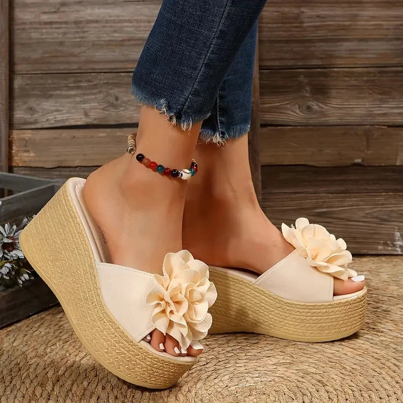 Green & Baby Pink Floral Wedge Slides for Women – 3.5" Platform Heels, Flower Appliqués, Summer Slip-Ons