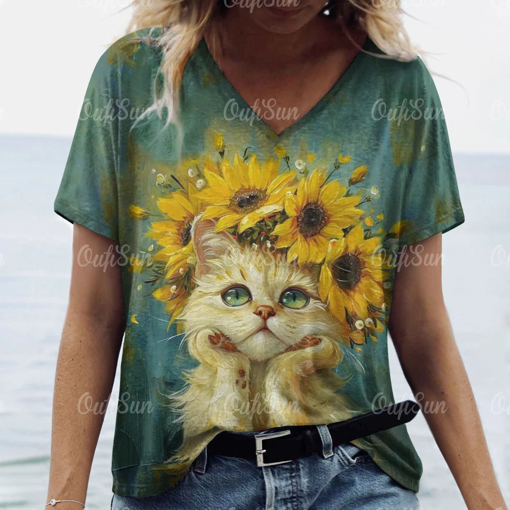 Women’s Oversized Cat Print T-Shirt – Casual Summer Streetwear Top