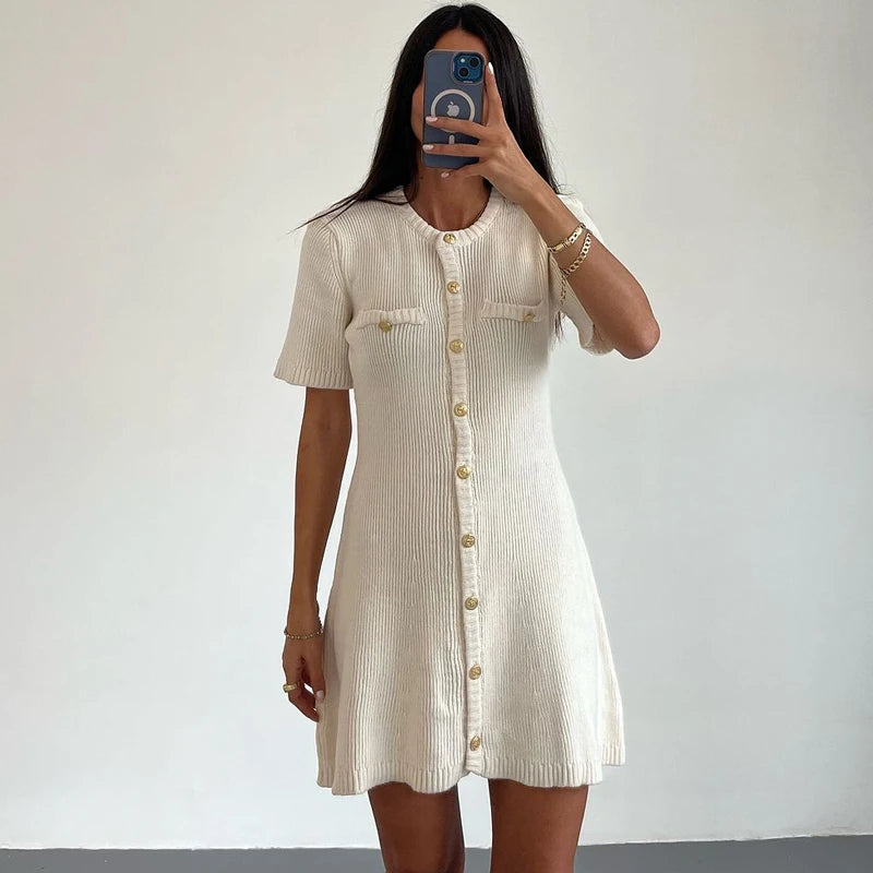 Women’s White Elegant Knitted Mini Dress – Slim Rib Sweater Dress with Metal Buttons for Party & Holiday Wear