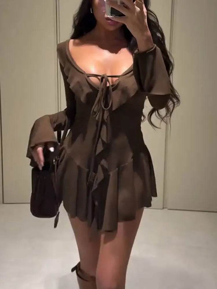 Sexy White Mini Dress with Ruffled Lace-Up Detail | V-Neck Patchwork Long Sleeve Slim Fit Bandage Dress for Women | Elegant Summer Party Dress - Stylemein
