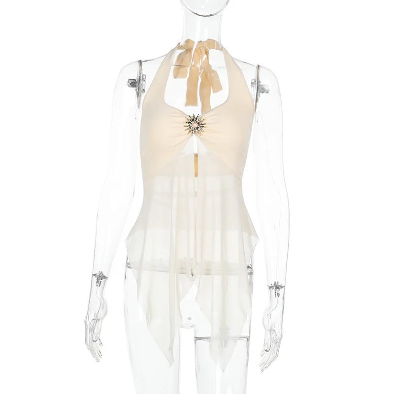 Women’s Halter Tie-Back Sheer Mesh Patchwork Tank Top – Backless Y2K Streetwear Vest with Metal Accents