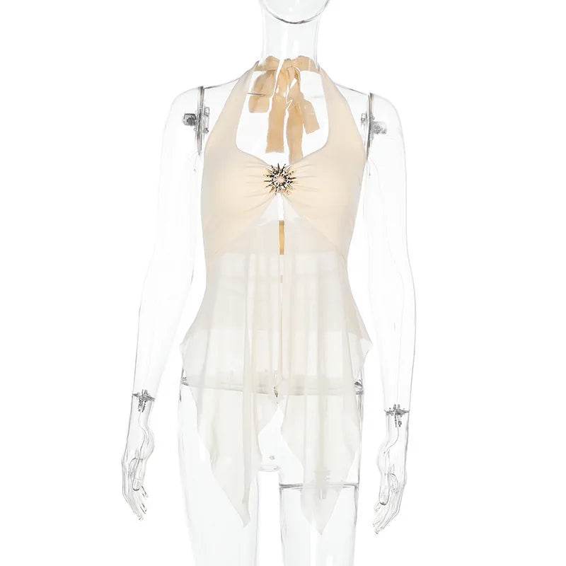 Stylemein - Women’s Halter Tie-Back Sheer Mesh Patchwork Tank Top – Backless Y2K Streetwear Vest with Metal Accents