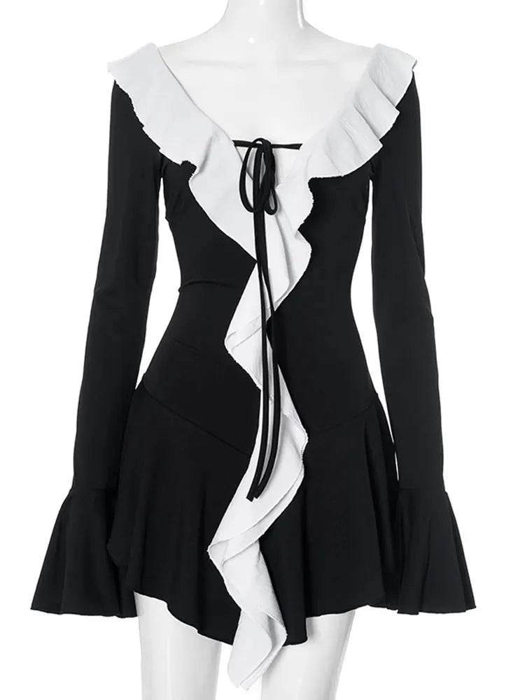 Sexy White Mini Dress with Ruffled Lace-Up Detail | V-Neck Patchwork Long Sleeve Slim Fit Bandage Dress for Women | Elegant Summer Party Dress - Stylemein