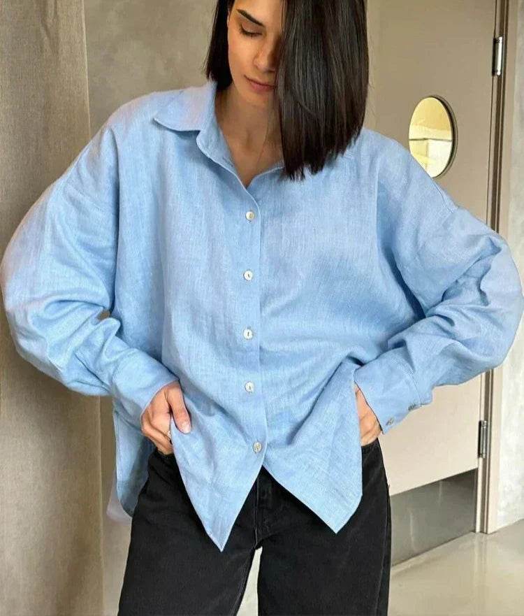Oversized Cotton Linen Shirt – Women’s Long Sleeve Vintage Blouse - Stylemein