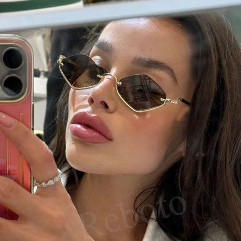 Stylemein - Small Polygonal Sunglasses for Women – Vintage Metal Half Frame Cat Eye Shades