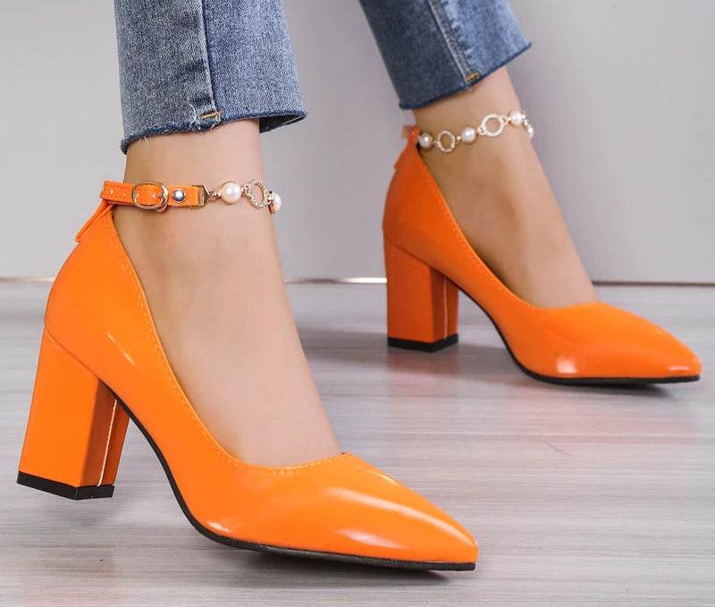 7cm Chunky Heels – Luxury Rhinestone & Pearl Chain Pumps with Pointed Toe, Bling Crystal Dress Shoes - Stylemein
