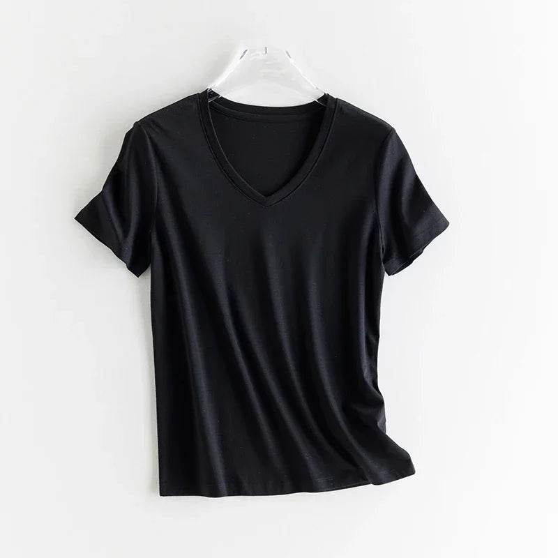 Luxury Silk & Mercerized Cotton Women’s T-Shirt – Short Sleeve Silky Feel V/O-Neck Summer Top - Stylemein