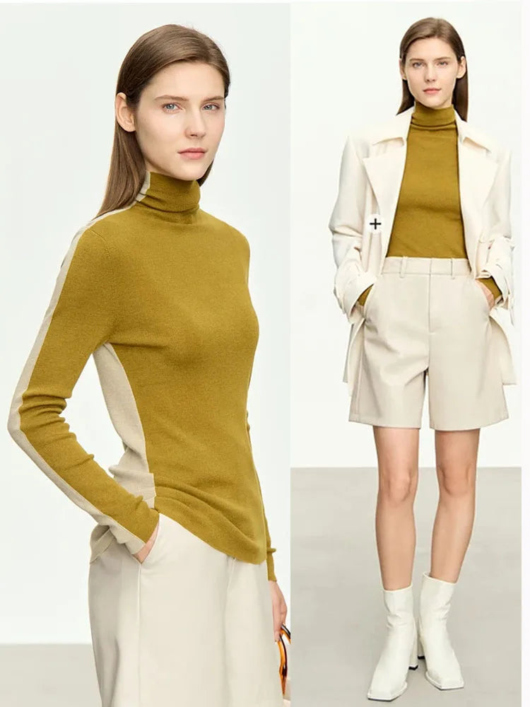 Slim High Neck Patchwork Sweater – Soft Knit Long Sleeve Top