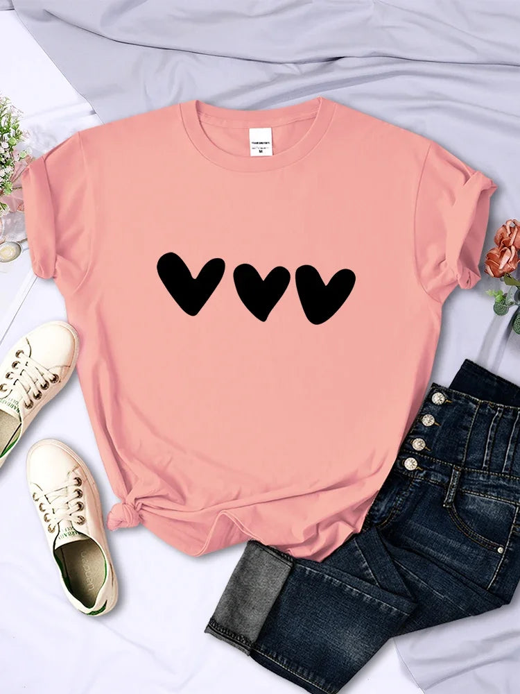 Black Heart Print T-Shirt – Casual Soft Streetwear Short Sleeve Top