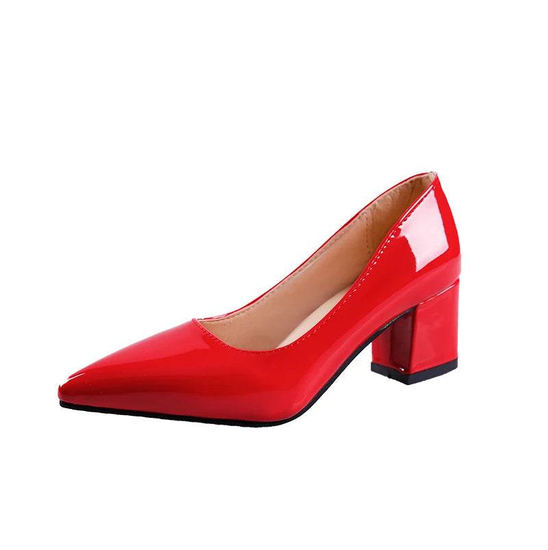 5cm Red Leather Pumps – Square Heel Pointed Toe Dress Shoes, Size 30–50, Classic Party & Office Style - Stylemein