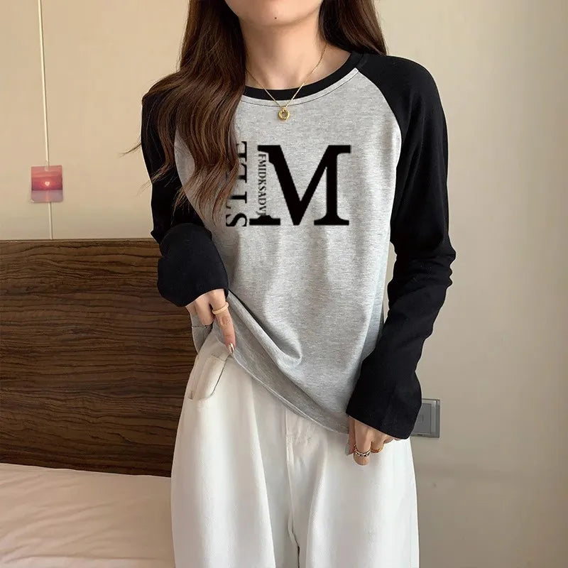 Vintage Letter Print Long Sleeve T-Shirt – Loose Casual Top