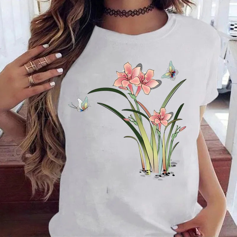 Women’s Butterfly Tree Print Harajuku T-Shirt – Black Round Neck Summer Casual Top