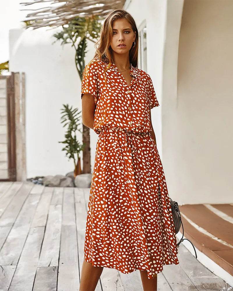 Vintage Floral Boho Shirt Dress – Waist Tie Long Casual Dress - Stylemein