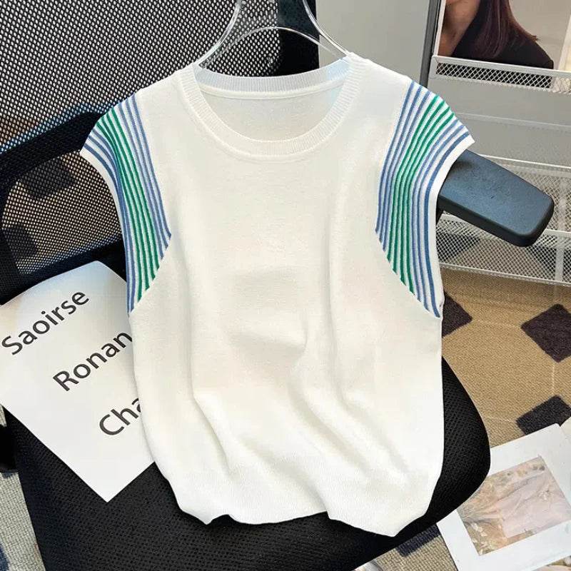 Contrast Color Ice Silk T-Shirt – Loose Knit Summer Top for Women - Stylemein