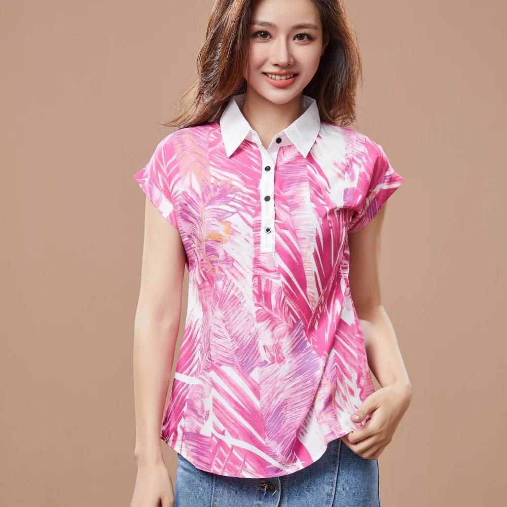 Stylemein - Chiffon Blouse – Spring Summer Casual Short Sleeve Printed Turn-Down Collar Top
