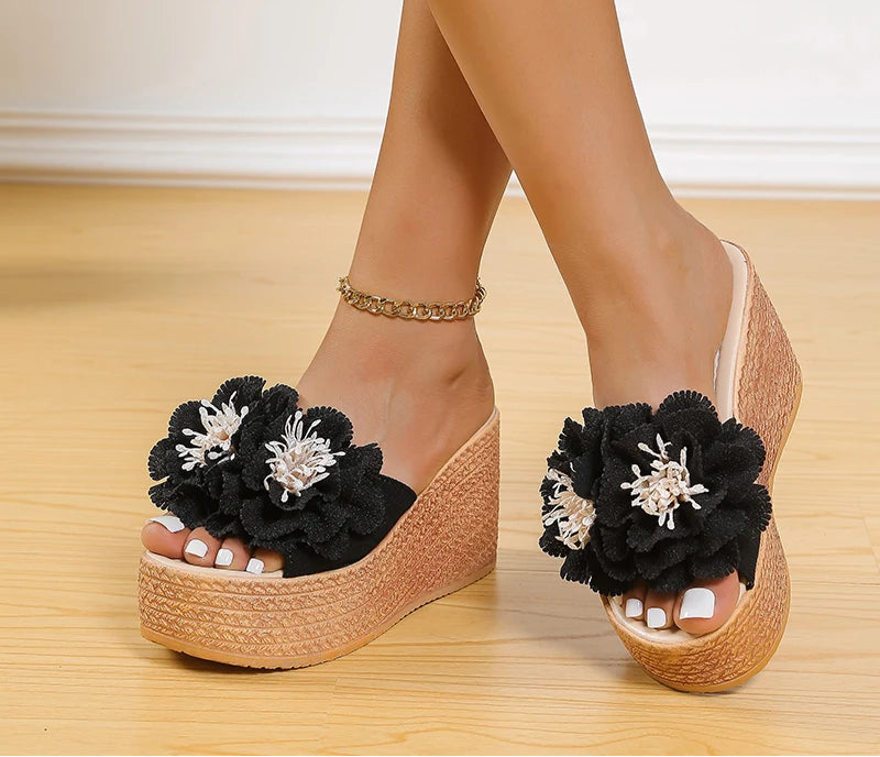 3.5" Wedge Heel Slide Sandals for Women – Cotton Upper, Applique Detail, Beach Platform, Plus Size